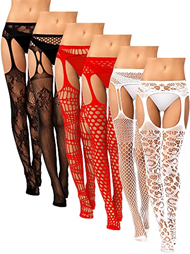 6 Pairs Women Fishnet Thigh High Stockings Suspender Pantyhose Lingerie Garter Belts Tights for Women Girls - Medium-Large - Black, Red, White