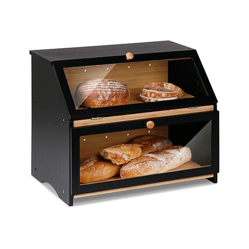 HOMEKOKO Double Layer Large Bread Box for Kitchen Counter, Wooden Large Capacity Bread Storage Bin (Black) - Black