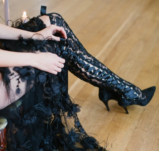 Black Lace Over The Knee Boots, Lace Up Gothic Boots, Steampunk Boots, Black Lace Wedding Boots, House of Elliot &#39;Goodnight Sweetheart&#39;