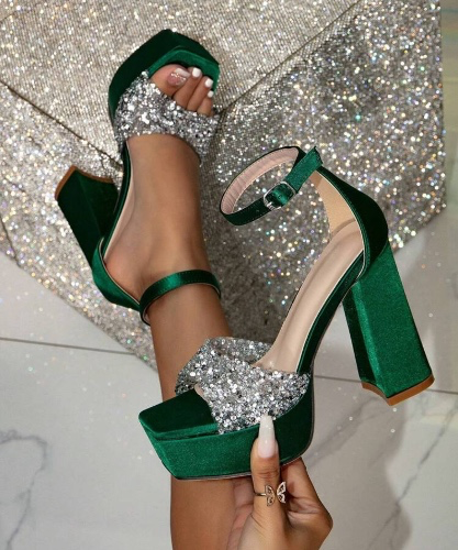 High Heel Platform Sandals For Women, Fashion Style, Green Sparkling Decoration
