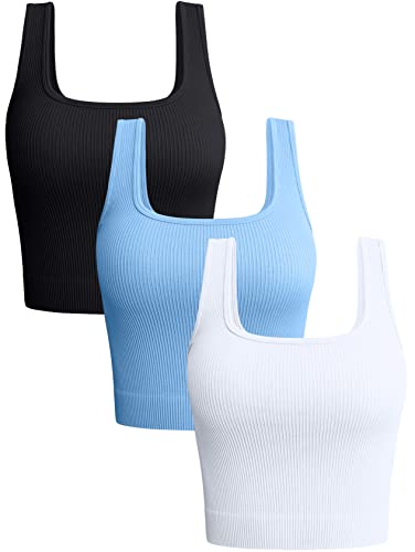 OQQ Women's 3 Piece Tank Tops Ribbed Seamless Workout Exercise Shirts Yoga Crop Tops - Small - Black Candyblue White