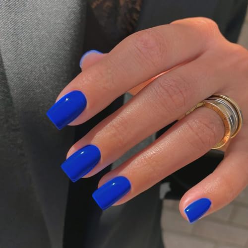 Royal Blue Press on Nails Short Medium Square Glue on Nails Set,KQueenest Solid Dark Color Fake Nails Short Coffin Acrylic Nails Press on Gel Nails for Women Reusable False Nails in 24 Pcs - dark blue