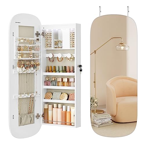 SONGMICS Jewelry Organizer, LED Jewelry Cabinet Wall or Door Mounted, Lockable Rounded Wide Mirror with Storage, Interior Mirror, 3.9 x 16.5 x 42.5 Inches, White Surface with Greige Lining UJJC026W01 - White + Greige