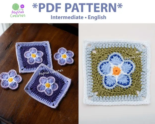 Forget Me Not Flower Granny Square Crochet PDF PATTERN - Intermediate (English)