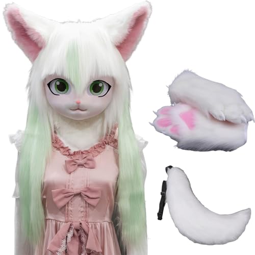 WLYEZAU Fursuit Kig Animal Mask,Furry Hood With Tail Plush Gloves,Party Disguise Wearable Animal Hood - 6