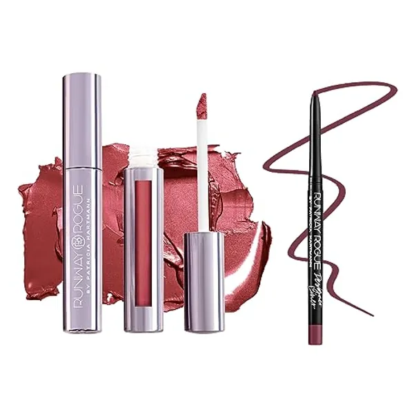Runway Rogue ‘Callback’ Berry Bronze Pearl Glam Shimmer Long Wear Liquid Lipstick Bundle with ‘Start the Show’ Matte Muted-Plum Designer Liner Lip Liner