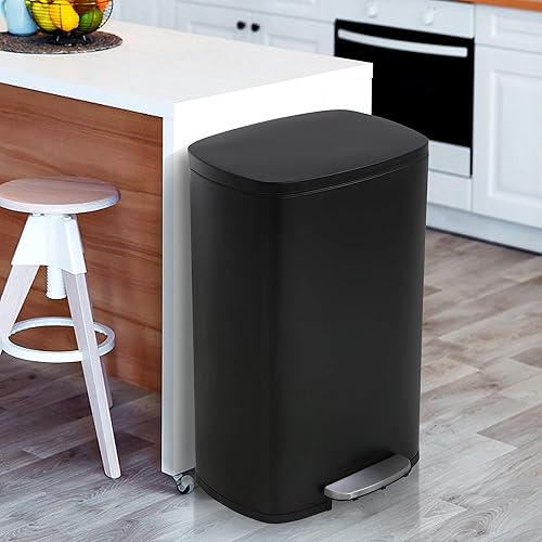 13 Gallon Trash Can, Brushed Stainless Steel Kitchen Trash Can with Soft-close Lid, Fingerprint-resistant Kitchen Garbage Can with Foot Pedal and Inner Bucket, Odor Proof Trash Can Garbage Can, BLACK - 13 gallon - BLACK