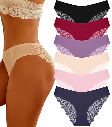 FINETOO 6 Pack Sexy Underwear for Women Silky Seamless No Show Panties Ladies Lace Bikini Lightweight Cheeky Hipster - X-Large - Black&purple&pink&dark Blue&red&apricot