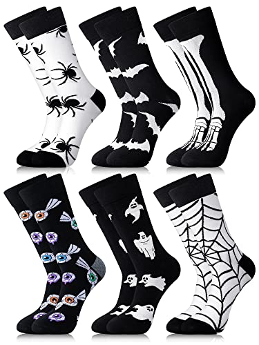 6 Pairs Men Halloween Socks Novelty Holiday Ghost Fun Skeleton Bats Spider Web Printed Crew Socks for Adult Men Women
