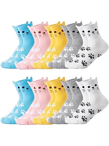 Eurzom 10 Pairs Socks Elastic Ankle Length Cotton Socks Aesthetic Socks Cute Socks Lightweight Low Cut Socks for Women Girl - One Size - Cute Cat