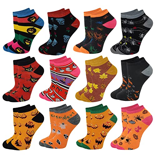 Differenttouch 12 Pairs Pack Women Low Cut Colorful Fancy Design Ankle Socks - 9-11 - Halloween