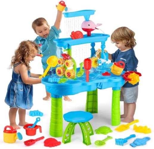 Water Table for Toddlers3-5, 3-Tier Kids Sand Water Table, Rain Showers Splash Pond Summer Outside Water Play Toys, Activity Sensory Play Table for Boys Girls