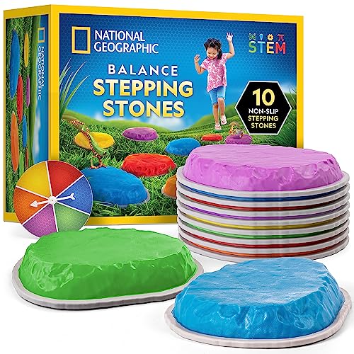 NATIONAL GEOGRAPHIC Stepping Stones for Kids – Durable Non-Slip Stones Encourage Toddler Balance & Gross Motor Skills, Indoor & Outdoor Toys, Balance Stones, Obstacle Course (Amazon Exclusive) - Set of 10