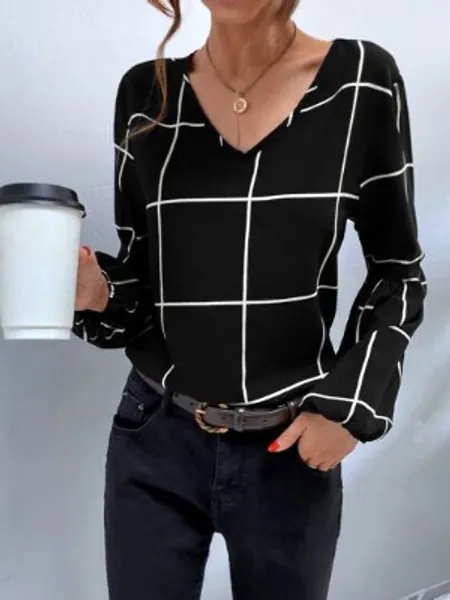 Bluse mit Plaid Muster und V-Kragen