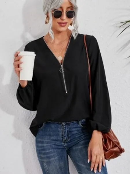 Bluse mit halbem Reißverschluss, Laternenärmeln