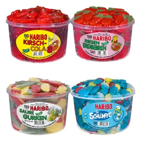 HARIBO Probierset Gelatinfrei 4-er Pack: Kirsch-Cola, Riesen-Erdbeeren, Saure Gurken, Schlümpfe