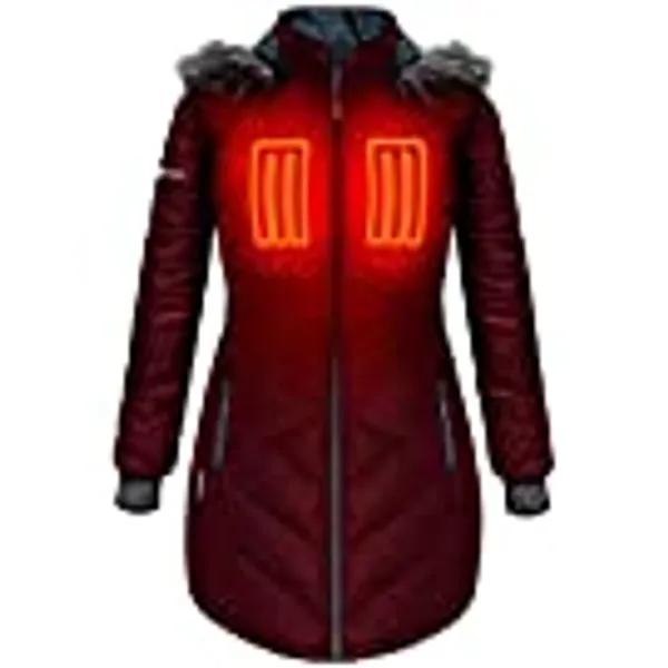 ActionHeat 5V Battery Heated Long Puffer Jacket for Women w/Faux-Fur Hood, Tri-Zone Heating, Touch Control, Power Bank