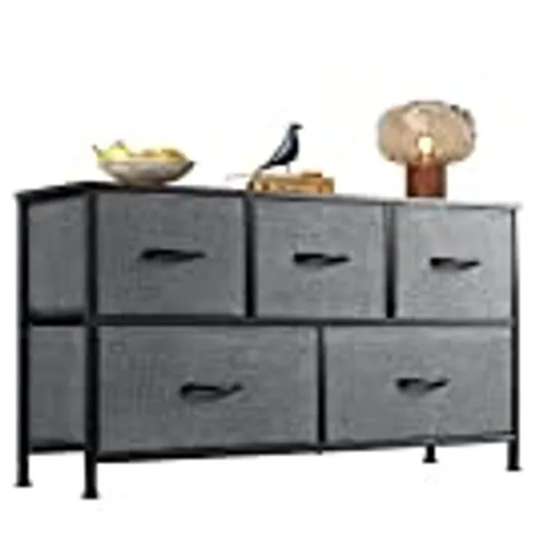 WLIVE Dresser for Bedroom with 5 Drawers, Wide Chest of Drawers, Fabric Dresser, Storage Organizer Unit with Fabric Bins for Closet, Living Room, Hallway, Nursery, Dark Grey
