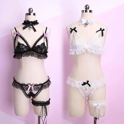 White Black Red Lace Pearl Ribbon Lingerie Set MK1812231 | White
