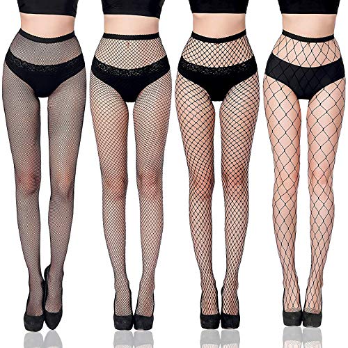 ISIYINER Calze a Rete Donna Incrociate Collant a Rete Sexy Moda Elastico Vita Alta Collant Calze a Rete Coscia Alta Calze Collant Nero 4 Paia