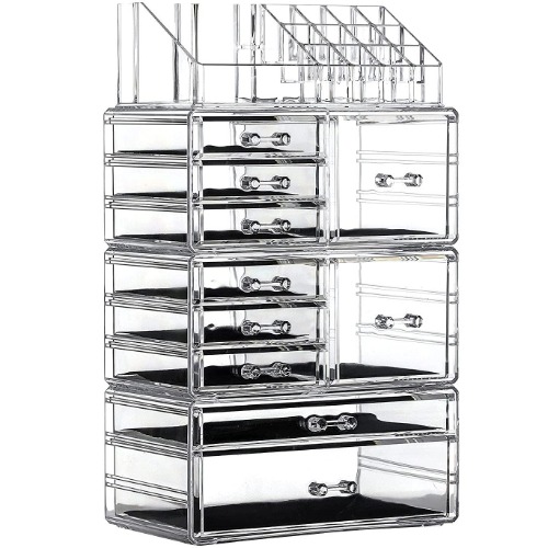 Cq acrylic Makeup Organizer Skin Care Large Clear Cosmetic Display Cases Stackable Storage Box With 10 Drawers For Vanity,Set of 4 - Clear Medium-10 drawers With Tray Top