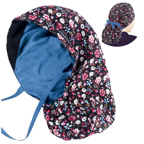 ABAMERICA SATIN LINED SCRUB CAP with Button and ponytail holder for Long Hair, Extra Large Adjustable Working Hat Ponytail Hats for Women, One Size Fits All - A01-11 Satin Lined Night Garden