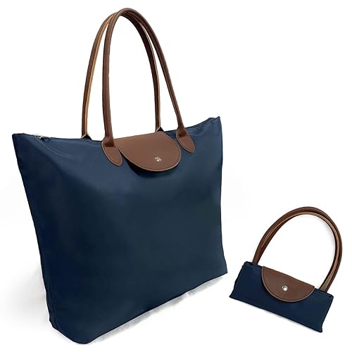 Tote Top Handle Bag,Lightweight Packable Stylish Handbag Foldable Zipper Travel shoulder Bag for Women -Navy