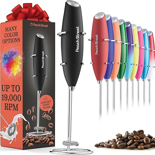 Powerful Handheld Milk Frother, Mini Milk Foamer, Battery Operated Stainless Steel Drink Mixer with Frother Stand for Coffee, Lattes, Cappuccino, Frappe, Matcha, Hot Chocolate. - Black