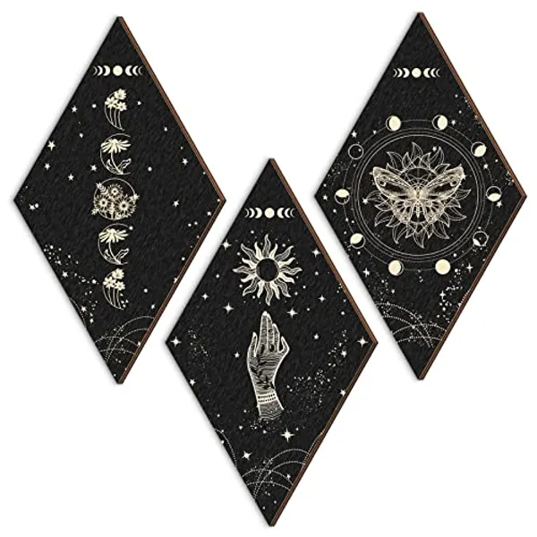 Roowest 3 Pcs 11.8 x 6.7 Inch Rustic Boho Wall Decor Sun Moon Room Decor Butterfly Wooden Minimalist Wall Pediments Hanging Astrology Decor for Gothic Bathroom Decor Bathroom Decor Home Witchy Decor