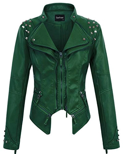 chouyatou Women's Fashion Studded Perfectly Shaping Faux Leather Biker Jacket