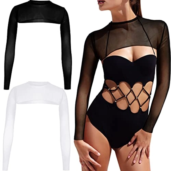 2 Women's Mesh Crop Top Bodycon Sheer Mesh Tops for Women Cutout Swim Mesh Top Long Sleeve Rave Top for Yoga Sports