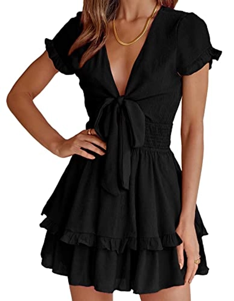PRETTYGARDEN Women's 2023 Summer Swing Mini Dress Tie Front V Neck Short Sleeve Ruffle Layer A-Line Short Dress