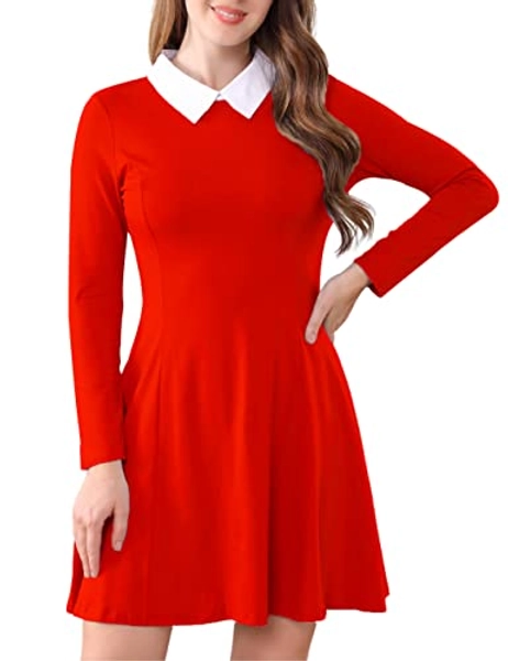Aphratti Women's Long Sleeve Casual Peter Pan Collar Fit and Flare Skater Dress