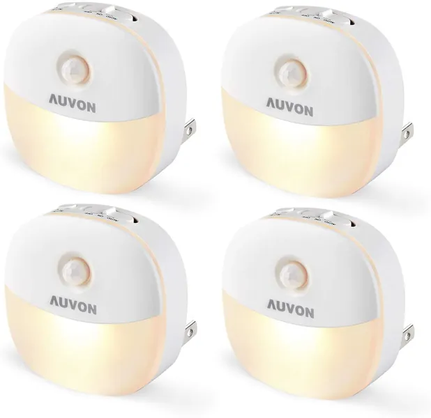 AUVON Plug-in LED Motion Sensor Night Light, Mini Warm White LED Nightlight with Dusk to Dawn Motion Sensor, Adjustable Brightness for Bedroom, Bathroom, Kitchen, Hallway, Stairs (4 Pack) - A-warm White
