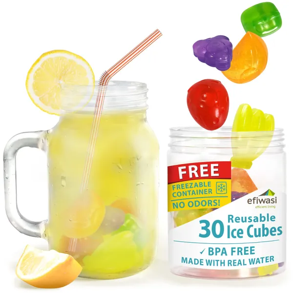 Efiwasi – Reusable Fruit Ice Cubes - Chills Drinks Without Diluting Them - Made From BPA Free Plastic - Refreezable, Washable, Quick And Easy To Use - Pack Of 30 With Storage Container - Multicolor - Fruit Shapes