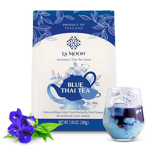 LA MOON TEA Blue Thai Tea Mix - Traditional Loose Leaf Thai Tea Mix from Butterfly Pea Flower and Assam Black Tea for Home-made Blue Thai Iced Tea, Boba Tea & Thai Tea Latte - No Food Dye, 7.05 Oz.