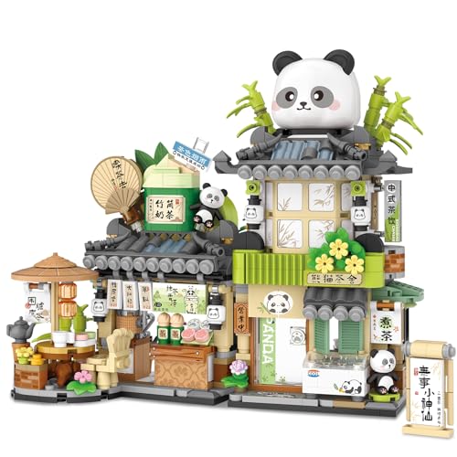 Street View Tea Shop Mini Building Blocks, MOC Creative Building Toys Cute Panda Animals Building Set for Girls 6-12, Simulation Architecture Construction Toy, Gift Idea for Kids Adults (860PCS) - Tea Shop