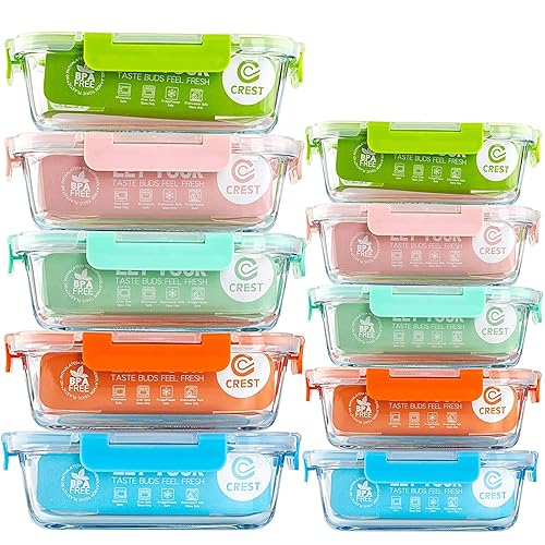 C CREST [10-Pack Glass Food Storage Containers (A Set of Five Colors), Meal Prep Containers with Lids for Kitchen, Home Use - Airtight Glass Lunch Boxes - Multicolor