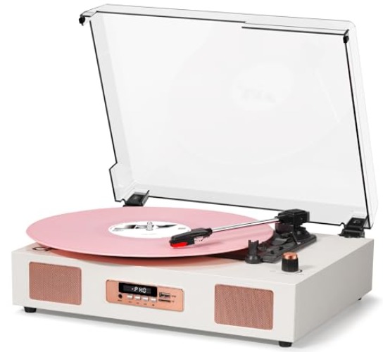 Vinyl Record Player Vintage Wireless Bluetooth Record Player with Enhanced Speakers, USB Recording, LP Player with 3-Speed Belt Drive Turntable Support RCA Line-Out AUX Input EQ,White - Rose Gold White