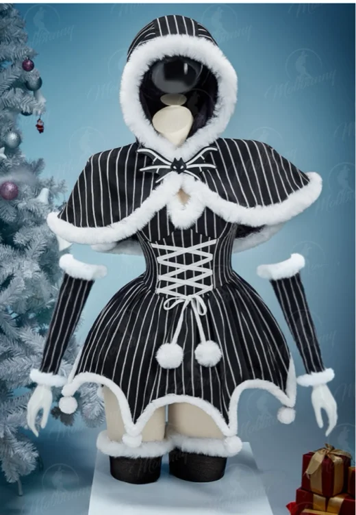 Christmas Nightmare Skeleton Style Gothic Costume Striped Dress with Cloak and Sleeves Christmas Outfits