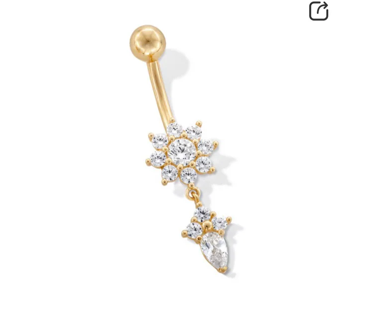 10K Gold CZ Flower and Double Stone Dangle Belly Ring - 14G 9/16"