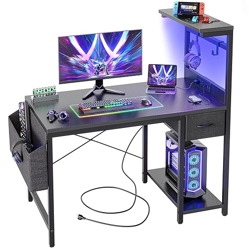 TIQLAB Gaming Desk 40 inch with Power Outlet and LED Light, Computer Desk with Reversible Shelves and Storage Drawer, Small PC Desk for Home Office Table with Bag, Carbon Fiber Black - 40 Inch - Black