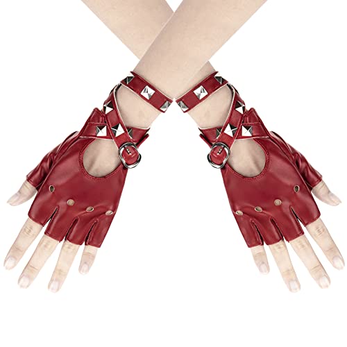 1 Paire de Gants en Cuir PU Moitié Doigt Punk Gants Sans Doigts pour Femmes Mitaines avec Rivets pour Conduite, Cyclisme, Danse, Hip hop, Performance, Cosplay (Rouge)