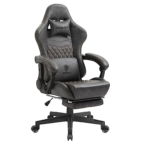 Dowinx Chaise Gaming Réglable Fauteuil de Bureau Game PC avec Repose Pieds, Chaise Gamer avec Support Lombaire de Massage, PU Ergonomique Siege Gamer avec Appui tête, Fauteuil de Style Course(Gris) - Gris