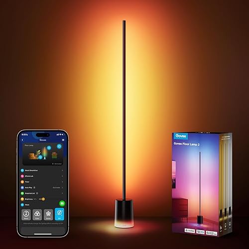 Govee Floor Lamp 2 with Matter, RGBIC, Warm Cool White LED, Alexa Compatible, 1725lm, Music Sync, Scene Modes, Smart Floor Lamp for Bedroom, Living Room, Black(1 Pack) - Black