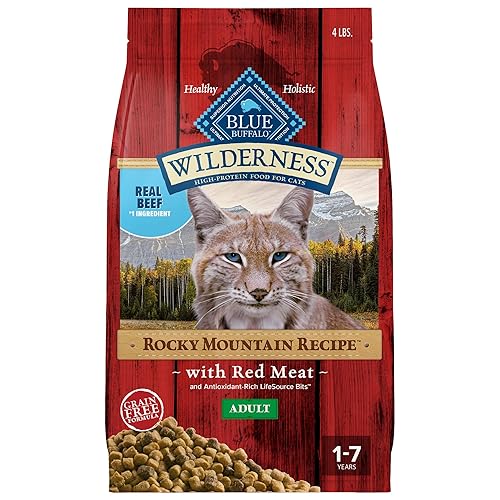 Blue Buffalo Wilderness Adult Dry Cat Food, Rocky Mountain Recipe, Chicken-Free & Grain-Free Recipe Made with Natural Ingredients, Red Meat, 4-lb Bag - Red Meat - 4 Pound (Pack of 1)