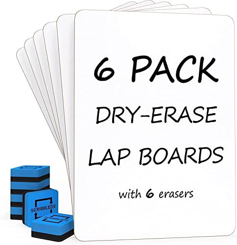 Scribbledo 6 Pack Small White Board Dry Erase Classroom Pack Boards 9"x12” Personal Whiteboards for Students Teachers School Supplies Lapboards l 6 Mini Whiteboard Erasers Included - Set of 6 Boards & 6 Erasers