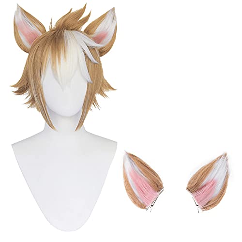 Rcrllya Wig Gorou Wigs with Ears for Genshin Impact Boy Short Brown mix White Anime Wig + Free Cap - Gorou