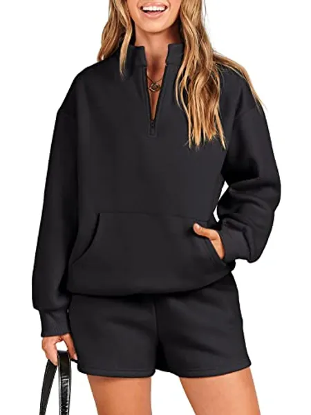 ANRABESS Women 2 Piece Outfits Sweatsuit Oversized Half Zip Collared Sweatshirt & Short Set Lounge Wear Tracksuit Set