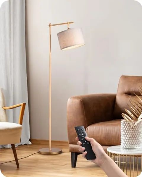 EDISHINE Modern Dimmable Floor Lamp with Remote Control, Gold Arc Standing Lamp with Adjustable Drum Shade, Tall Pole Reading Lamps for Living Room, Office, Nursery, LED Bulb Included